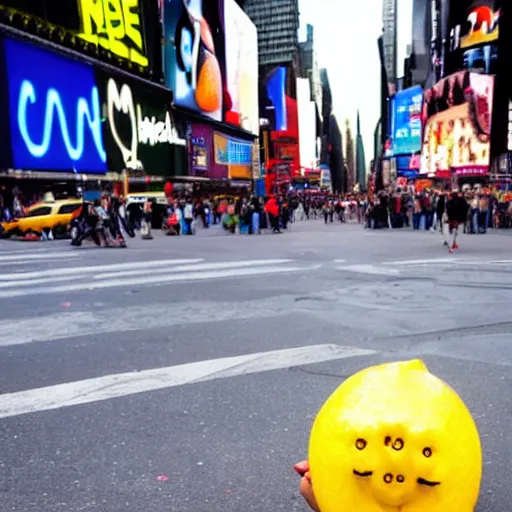 Image similar to a cool lemon riding a skateboard in times square new york