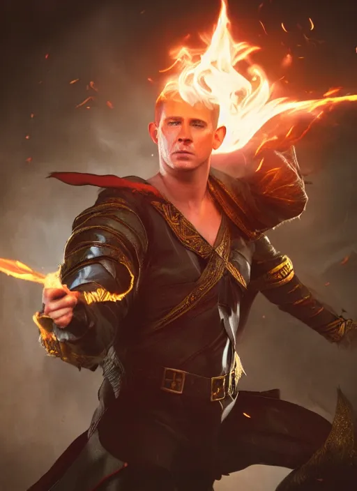 Prompt: A fantasy comic book style portrait painting of a Channing Tatum as a male elf wizard casting a fire spell, unreal 5, DAZ, hyperrealistic, octane render, RPG portrait, ambient light, dynamic lighting