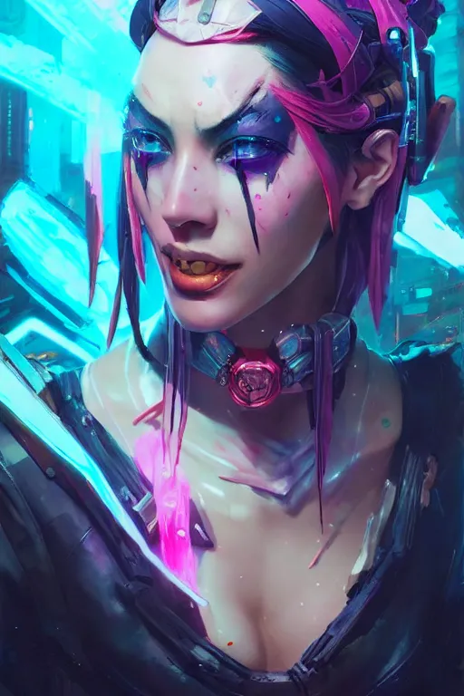 Prompt: jinx from league of legends, cyberpunk futuristic neon. decorated with traditional japanese ornaments by ismail inceoglu dragan bibin hans thoma greg rutkowski alexandros pyromallis nekro rene maritte illustrated, perfect face, fine details, realistic shaded, fine - face, pretty face
