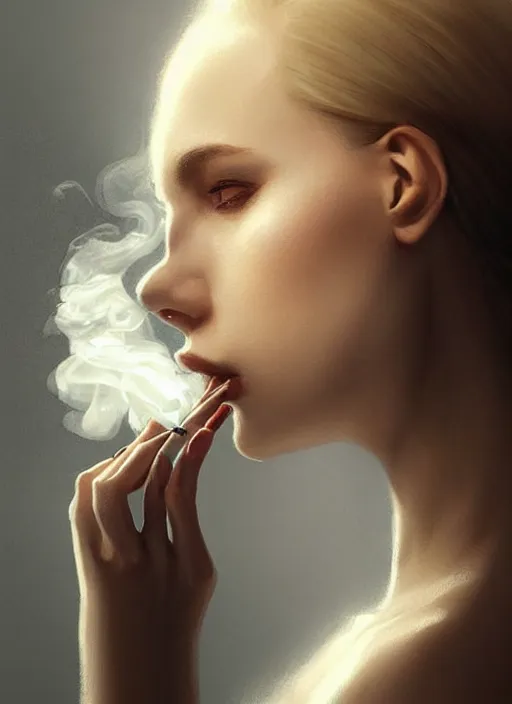 Image similar to portrait of finnish woman vanishhing slowly as an smoke to the air, realistic smoke, elegant, highly detailed, digital illustration, trending in artstation, trending in pinterest, glamor pose, concept art, smooth, sharp focus, art by artgerm and greg rutkowski