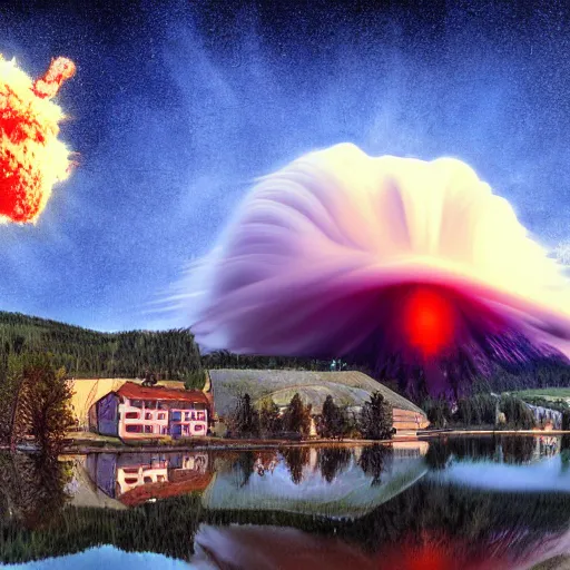 Prompt: digital artwork of nuclear explosion over a small quaint town in the swedish alps