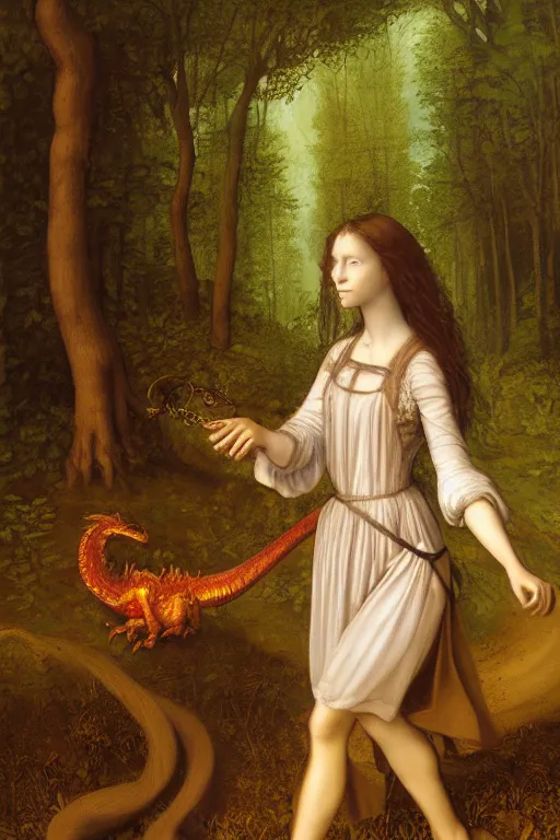 Image similar to a Leonardo da Vinci oil portrait of a young gothic girl walking in a forest with a cute pet dragon on a leash, vivid colors, high details, cinematic, 8k resolution, beautiful detailed, photorealistic, digital painting, artstation, concept art, smooth, sharp focus, illustration, fantasy background, artstation trending, octane render, unreal engine