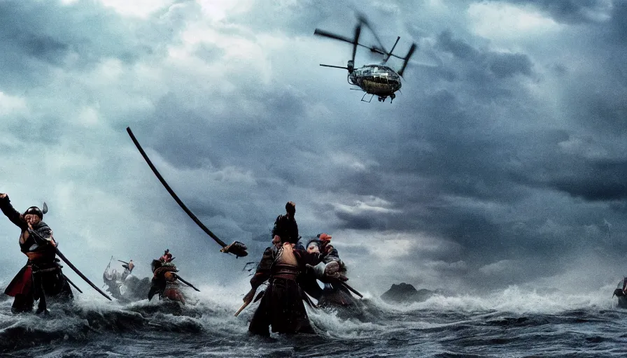 Image similar to cinestill 5 0 d epic photographic environment by steven spielberg of large scale samurai battle in treacherous waters, flooded city, wide shot, moody emotional cinematic, pouring iridescent rain bright spotlight helicopter, 8 k, hd, high resolution, 3 5 mm, f / 3 2, ultra realistic faces,