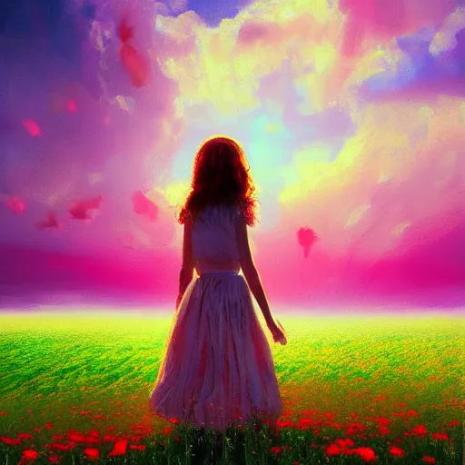 Image similar to face made of carnations flower, girl standing in a flower field, surreal photography, sunrise dramatic light, impressionist painting, colorful clouds, digital painting, artstation, simon stalenhag, flower face