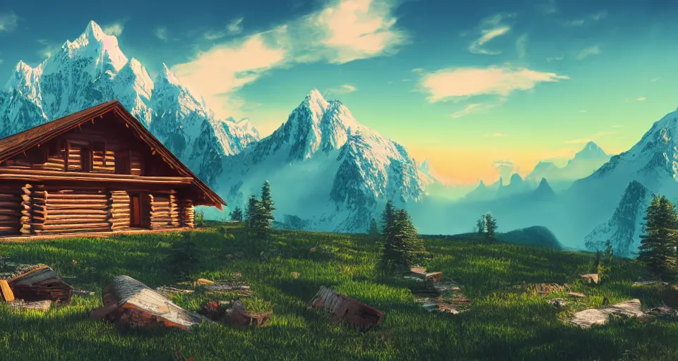 Image similar to log cabin beneath the alps, vaporwave aesthetic, matte painting 4 k