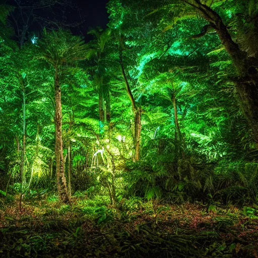 Image similar to a rainforest clearing at night softly lit by neon lights, dim lighting, leaves in foreground, HD, 8k, high resolution, photo,