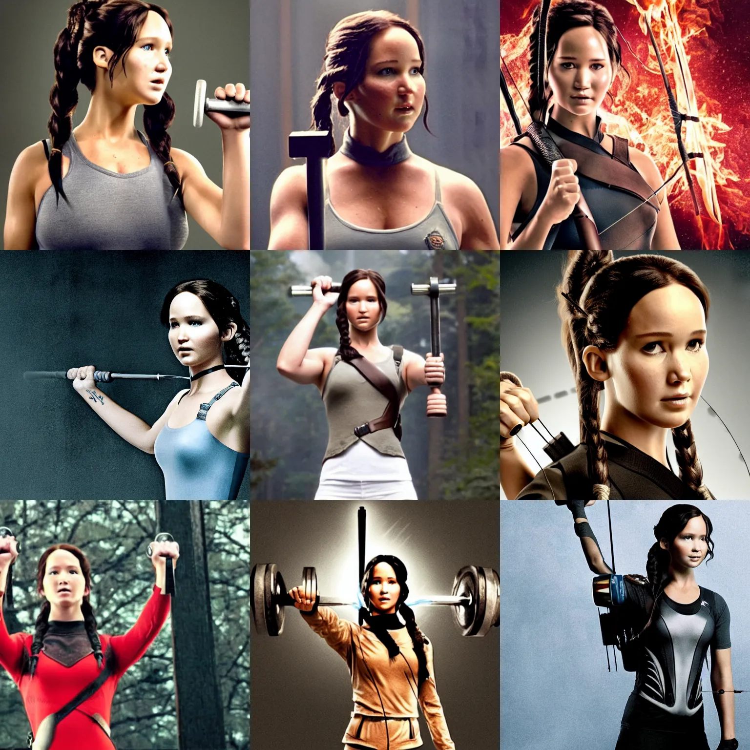 Prompt: katniss everdeen holds a dumbbell above her head