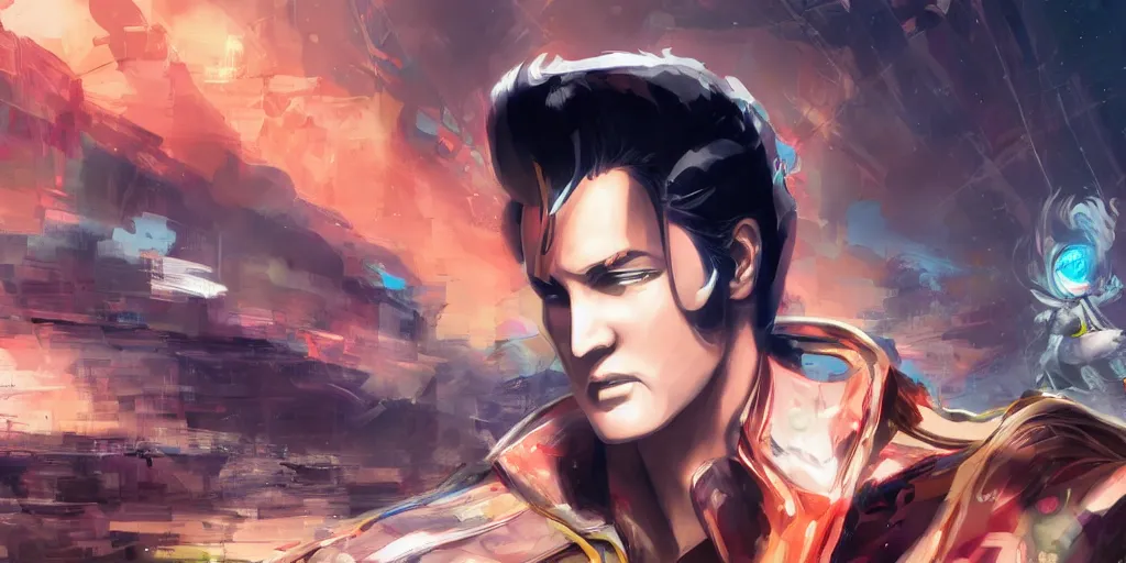 Image similar to android elvis presley, 3 d anime, arcane style, ny, high resolution, by yoshitaka amano, by ruan jia, by conrad roset, by dofus online artists, city landscape, side scrolling, rule of thirds, 4 k