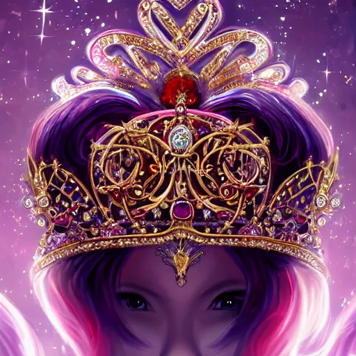 Image similar to a beautiful queen's crown design made of platinum glowing in sparkles with heavenly notes neo rococo, diamond and ruby, highly detailed sailor moon aesthetic, fantasy, intricate, elegant, highly detailed, digital painting, artstation, concept art, matte, sharp focus, illustration, in the style of aetherpunk