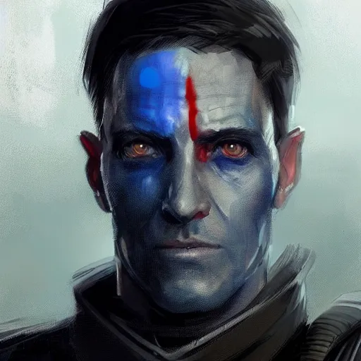 Image similar to portrait of a man by greg rutkowski, blue skin, red eyes, short black hair in military style, tall, star wars expanded, universe, he is about 5 0 years old, wearing white colored imperial admiral uniform, artstation hq