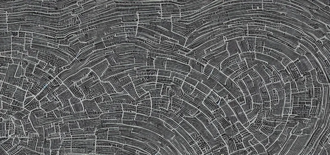 Image similar to small ancient city whose layout is evocative of a resonance interference pattern. 4K. Many intrincate details. Markets and bustling streets.