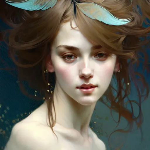 Image similar to A portrait of a girl surrounded by delicate feathers, face, intricate, elegant, highly detailed, digital painting, artstation, concept art, smooth, sharp focus, illustration, art by Krenz Cushart and Artem Demura and alphonse mucha