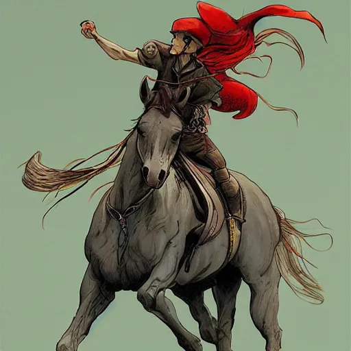 Prompt: a horse - rider in the style of james jean, yoshitaka amano, ljuba popovic, miles johnston, agnes pelton, moebius