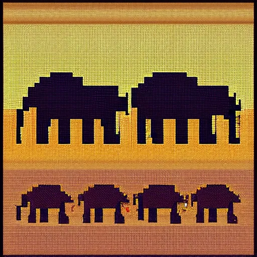 Image similar to pixel art of elephants walking in the sahara desert