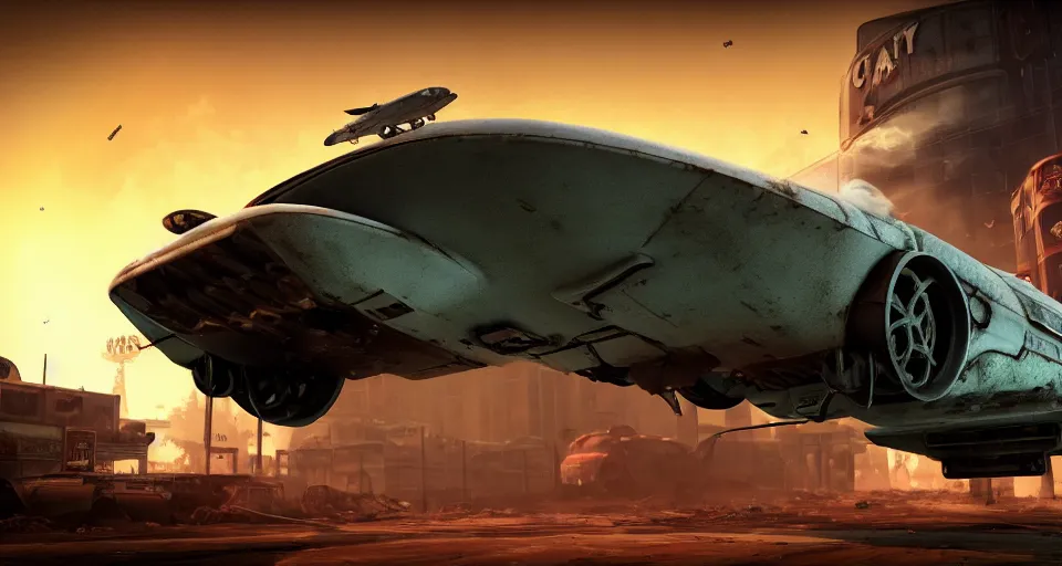 Image similar to macro closeup photo of combat tesla hover jumpjet tank being chased in a post apocalyptic fallout 4 overgrown city, 3 pm, smoke, dust, embers, mad max, action, speed, rocket league, volumetric lighting, hdr, need for speed, gta 5, ridley scott, syd mead, craig mullins, cinematic, blade runner, octane