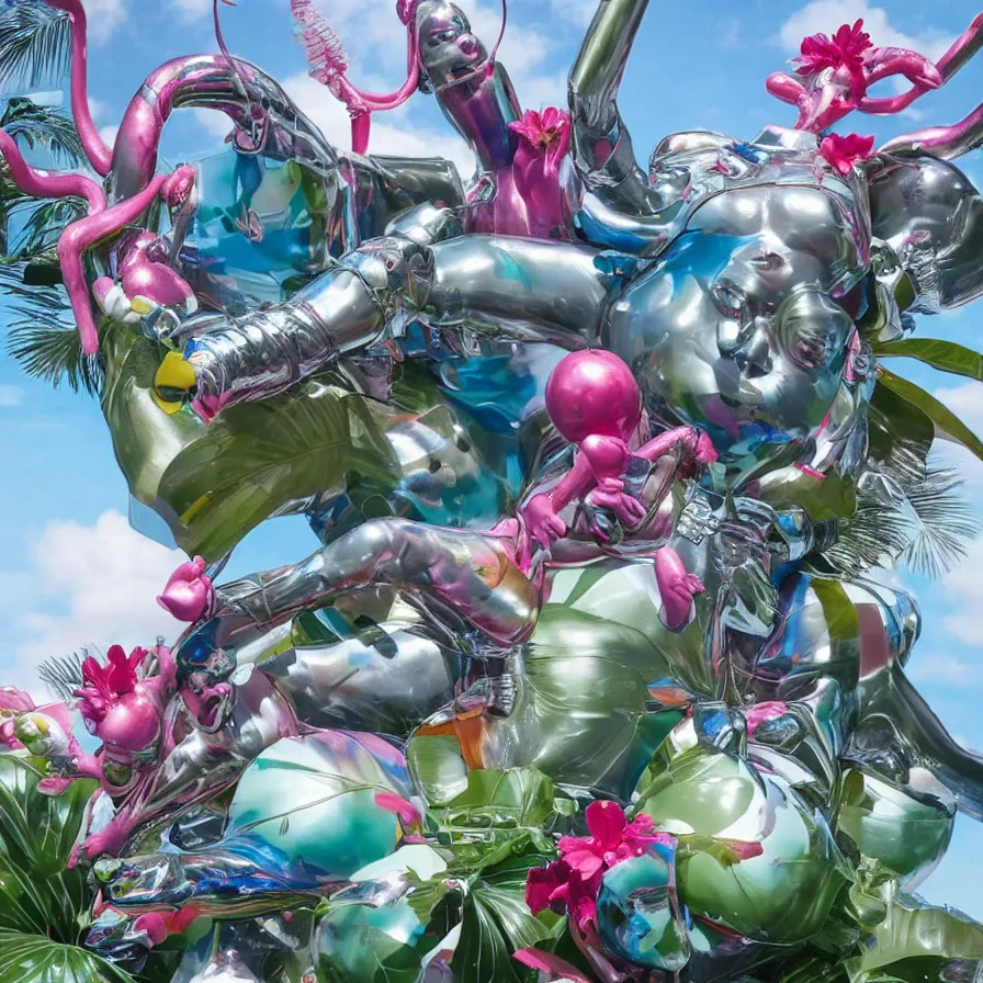 Image similar to an extreme close - up of a statue chrome cyborg lycra nymph battling a giant inflatable flamingo pool float, christmas cactus arnold schwarzenegger and monstera plants, fireworks thick smoke epic clouds, by jeff koons, hajime soryama, boris vallejo, artgerm, greg rutkowski, alphonse mucha