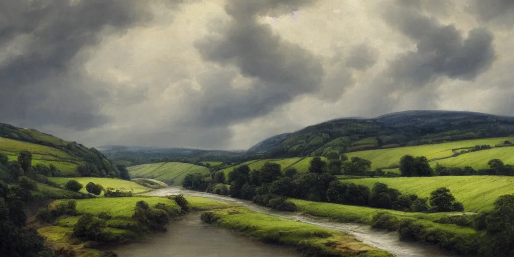 Prompt: a beautiful landscape painting of a yorkshire countryside valley with a river, raining, storm clouds, oil on canvas, highly detailed, hd, 4 k