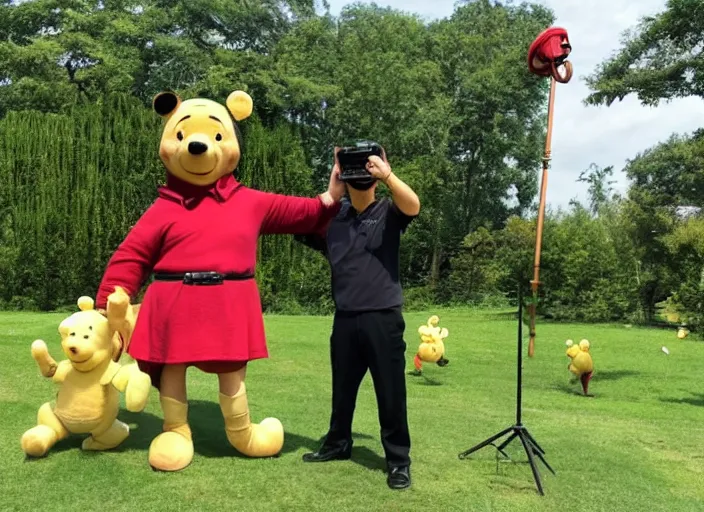 Image similar to xi jingping holding a gopro on a stick filming winnie the pooh