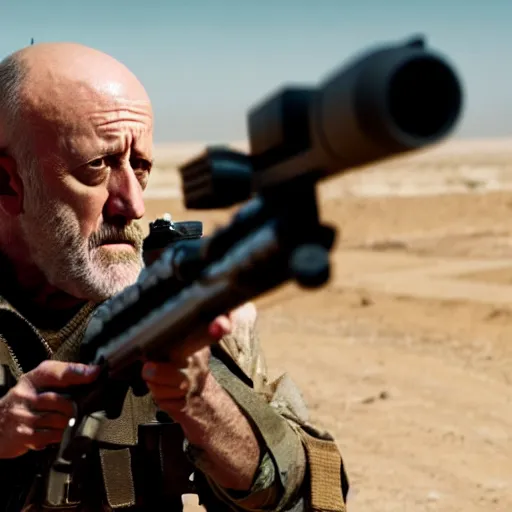Prompt: Film still of Mike Ehrmantraut in American Sniper aiming with a sniper rifle, 4k, highly detailed