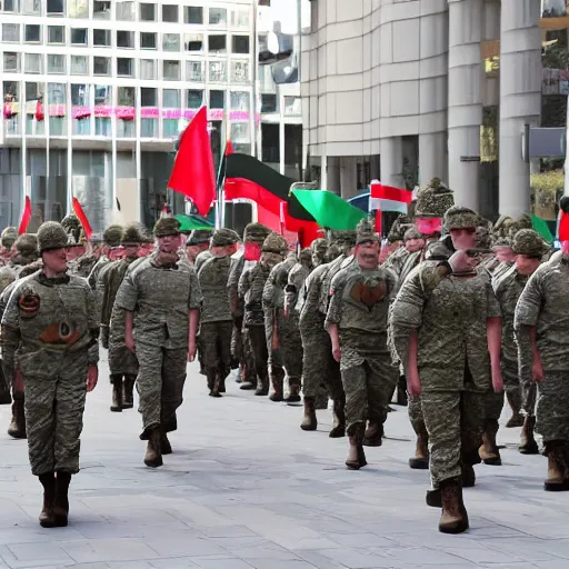 Image similar to army march in infinitia square in front of infinian de gowyernmentıa in government center during mother's day