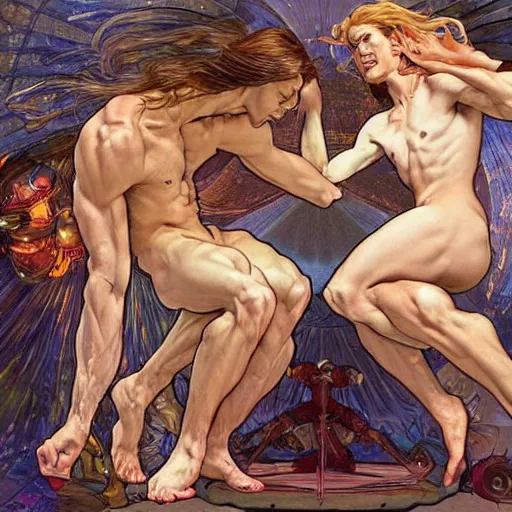 Image similar to slim and muscular angels wrestling with demons, hyper realistic, digital painting. art station. mood lighting, highly detailed, concept art, intricate, sharp focus, by shaun berke and alphonse mucha, milo manara - h 1 2 0 0