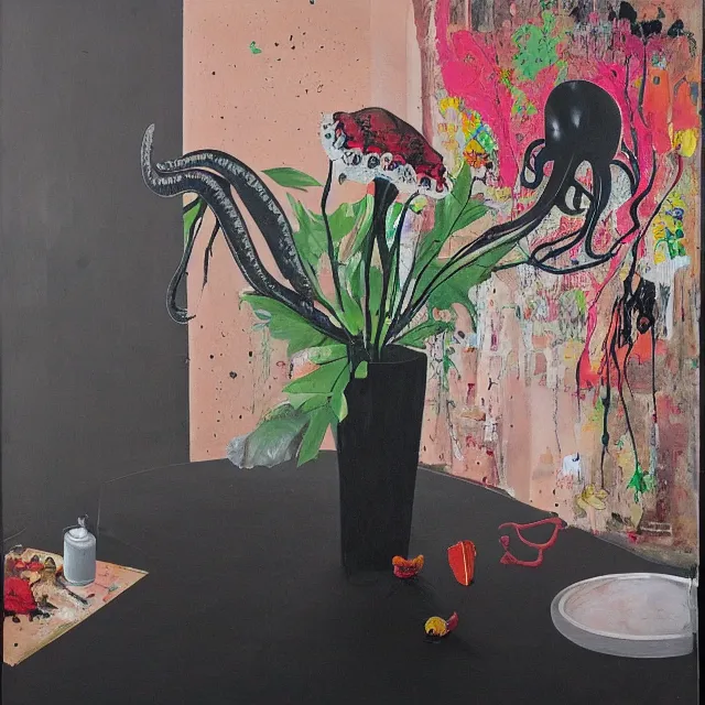 Image similar to empty room with black walls, sensual portrait of a female pathologist, broken vase of flowers and water, octopus, squashed berries, neo - expressionism, surrealism, acrylic and spray paint and oilstick on canvas