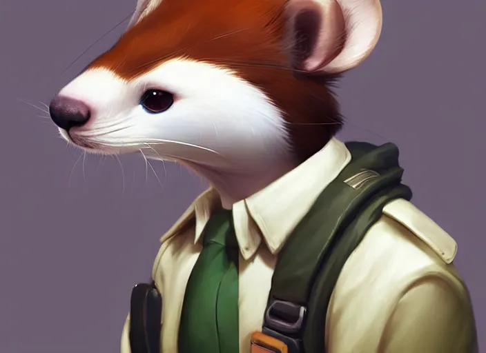 Prompt: character portrait feature of the anthro male anthropomorphic ferret fursona wearing airline pilot outfit uniform professional pilot character design stylized by charlie bowater, ross tran, artgerm, and makoto shinkai, detailed, soft lighting, rendered in octane