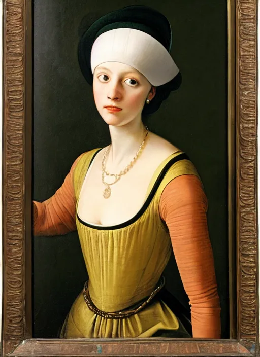 Prompt: portrait of young woman in renaissance dress and hat, art by petrus christus,