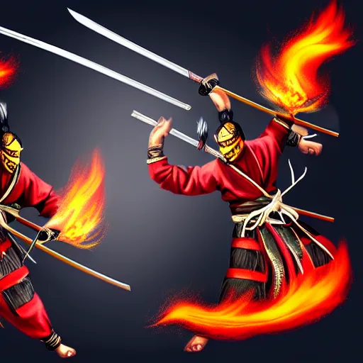 Prompt: Two samurais with flaming swords fighting, 8k, concept art, elegant