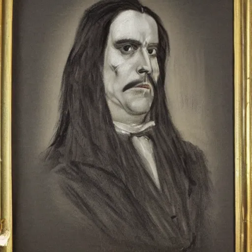 Prompt: charcoal portrait of an austrian gentleman, long black hair, evil