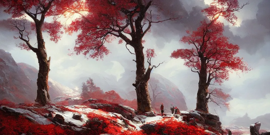 Image similar to A beautiful oil painting of a rocky valley covered in snow, trees with red leaves, thunderstorm in the sky, blue lighting, gloomy, atmospheric lighting, detailed, by greg rutkowski, trending on artstation