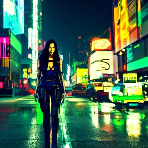 Image similar to cyberpunk megan fox, standing on a cyberpunk street at night, streets are lit with neon lights