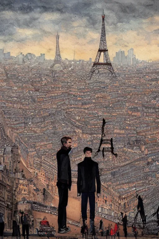 Image similar to in the foreground Paris, in the background a dark-haired man from behind playing with black flames coming out of his hands wearing a long matrix-style jacket, realistic, high definition, many details, dramatic scene, symmetrical face, realistic eyes, art of enki bilal