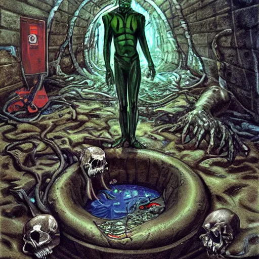 Prompt: a painting of a half lizard half man creature standing in a sewer, human skulls on ground, green pool of water, creepy, horror vibe, real, in the style of greg hildebrandt