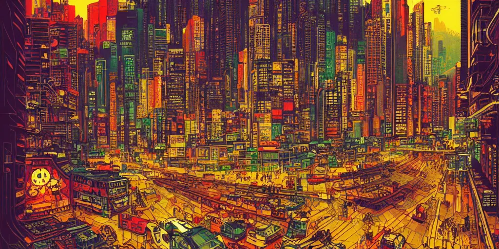 Image similar to artwork of hong kong by dan mumford and toshi yoshida and peter doig, vintage scifi, highly detailed, dramatic lighting, 8 k