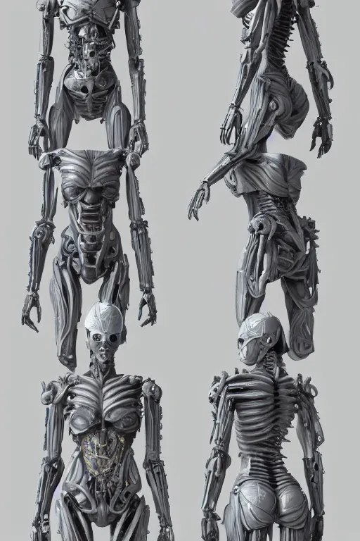 Image similar to a female transformer with gunmetal grey skin, medical anatomy, very symmetrical face, highly detailed, three - perspective / three - view reference sheet ( front / back / side ), in the style of vitaly bulgarov, steven jung, matt tkocz, amanda lilleston, hr giger, mecha, artstation, unreal engine