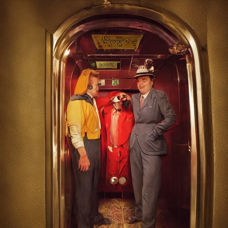 Image similar to professional octane render portrait by wayne barlow and carlo crivelli and glenn fabry, a sinister man in a bright colorful saturated wes anderson elevator operator costume inside a dark and moody vintage elevator in a high - end exotic vintage boutique hotel, very short depth of field