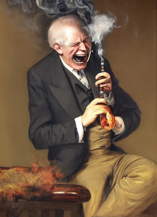 Image similar to Portrait of Duncan Trussel laughing demonically while smoking a pipe. Disturbing