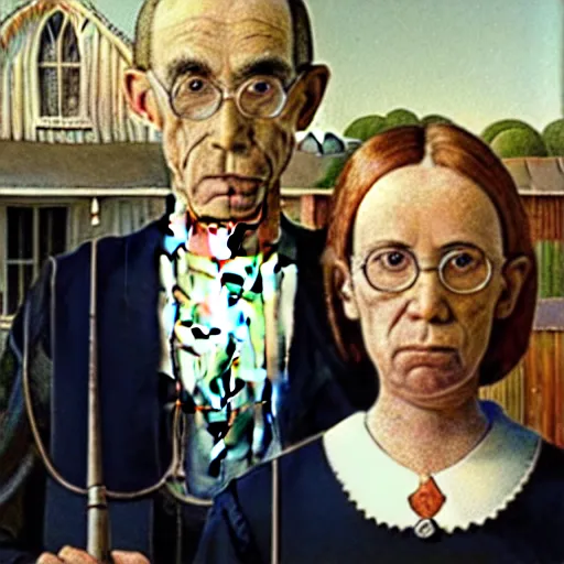 Prompt: american gothic replaced with horses, by grant wood
