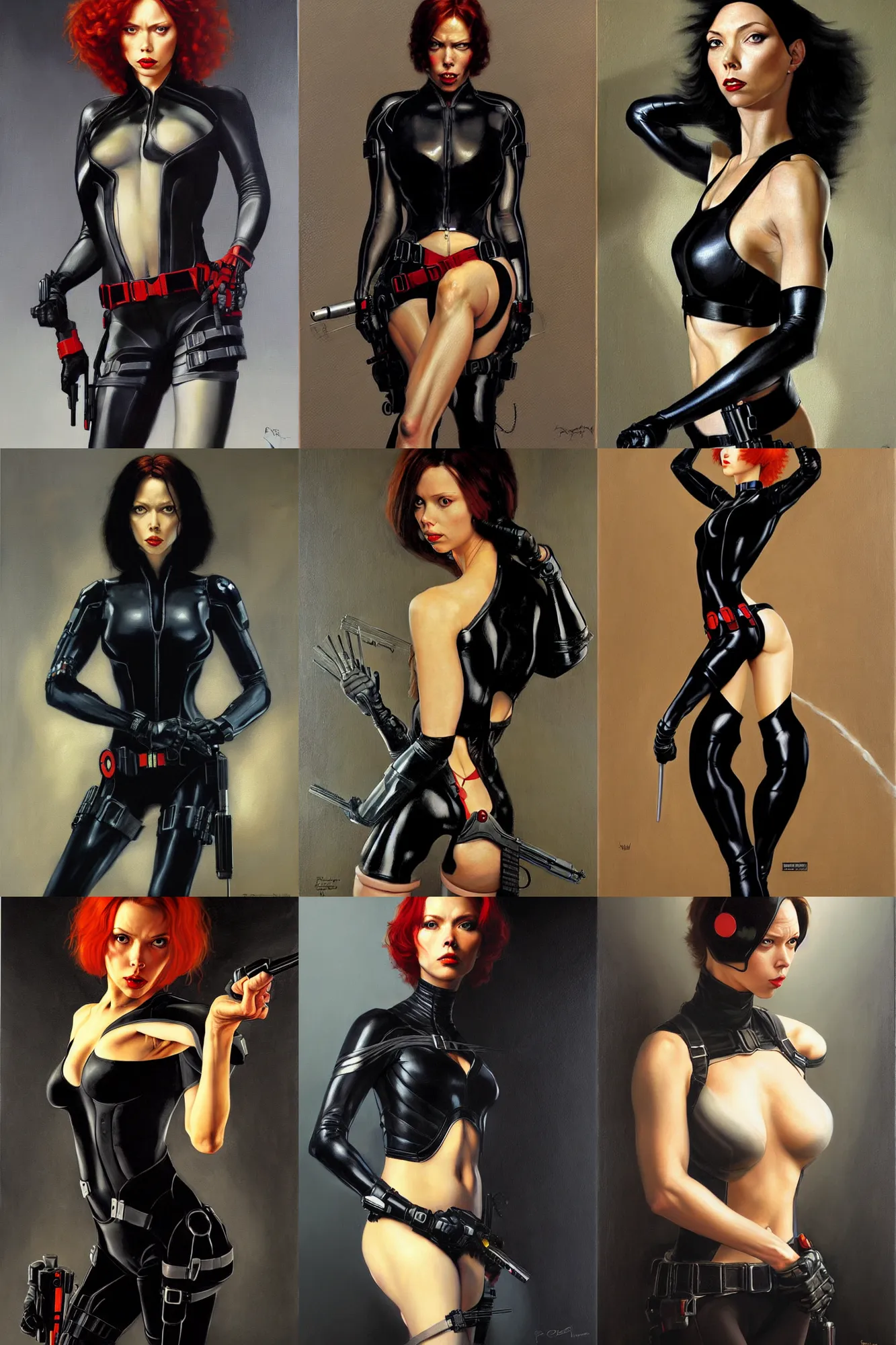 Prompt: very detailed oil painting of black widow as aeon flux by peter chung, norman rockwell, loish, rembrandt