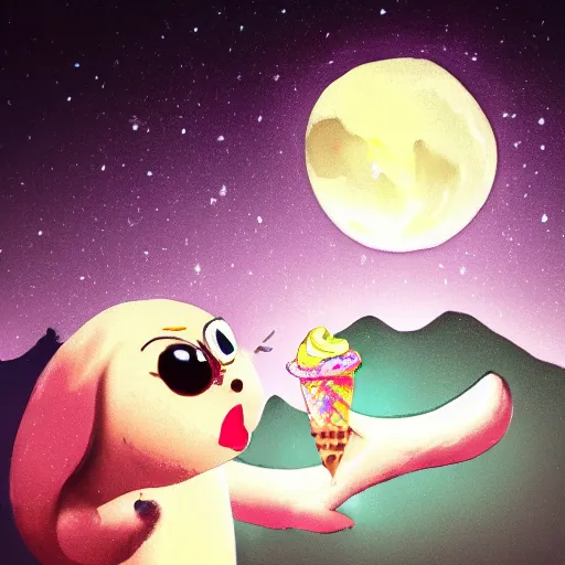 Prompt: a mystical creature eating ice cream in the moonlight