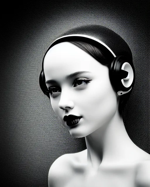 Image similar to black and white dreamy young beautiful female artificial intelligence with a techno crown, cinematic, rim light, bokeh, photo - realistic, elegant, high detail, 8 k, masterpiece, photo taken in 1 9 3 0