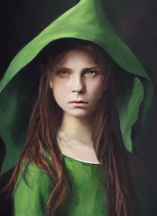 Image similar to a portrait of a thirteen year old girl with brown hair and a stern expression. she is wearing a green dress and a black pointed witch hat. beautiful painting with highly detailed face by greg rutkowski and raymond swanland