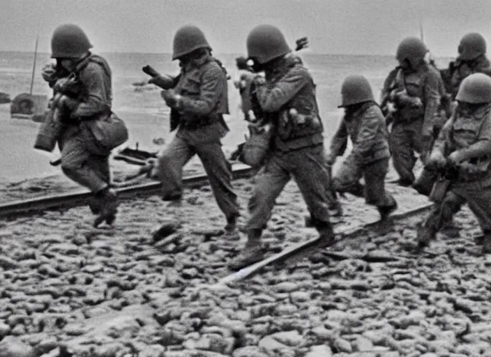 Prompt: despicable me minions storming the beaches of Normandy on d-day, world war 2 old photo, grainy