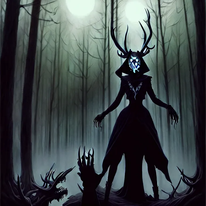 Image similar to style artgerm, joshua middleton, steve niles, gerald brom, scary wendigo with antlers and skull face mixed with werewolf, beautiful witch wearing a black dress on the right side, in the forest, detailed, dark and foggy, cinematic lighting