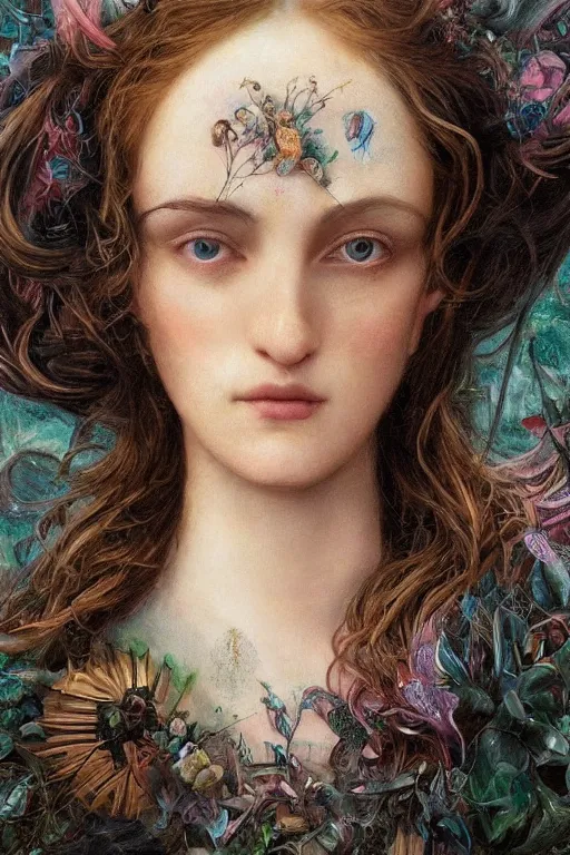 Image similar to An extremely beautiful pre-raphaelite portrait of a cute witch, surreal, ultradetailed, intricate, elegant, digital art painting, artstation, concept art, smooth, sharp focus, illustration, regal, award winning picture, extremely detailed masterpiece, sense of awe, featured on artstation, Artgerm, effervescent punk kawaii-noir pastel bubbles, winning award piece, ethereal rainbows, Aetherpunk, Exquisite details