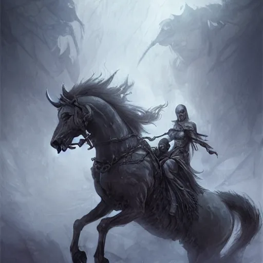 Image similar to concept art by artgerm, death of the four horsemen of the apocalypse, soft grey and blue natural light, intricate, queen of death riding, highly detailed dark art, digital painting, artstation, concept art, smooth, sharp focus, illustration, art by greg rutkowski and luis rollo and uang guangjian and gil elvgren, symmetry!