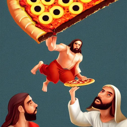 Prompt: jesus using a pizza as a frisbee, digital art, trending on artstation