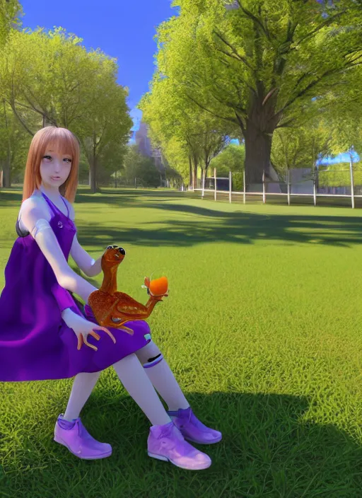 Prompt: ai 3 d girl in metaverse ; sitting in the park and holding a frog ; apricot and purple colors ; unreal engine ; wide angle ; 3 d ; highly detailed