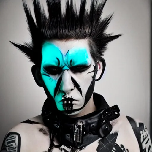 Image similar to neonpunk anarchist with mohawk and cyber implants on face, fuming, angry, grinning